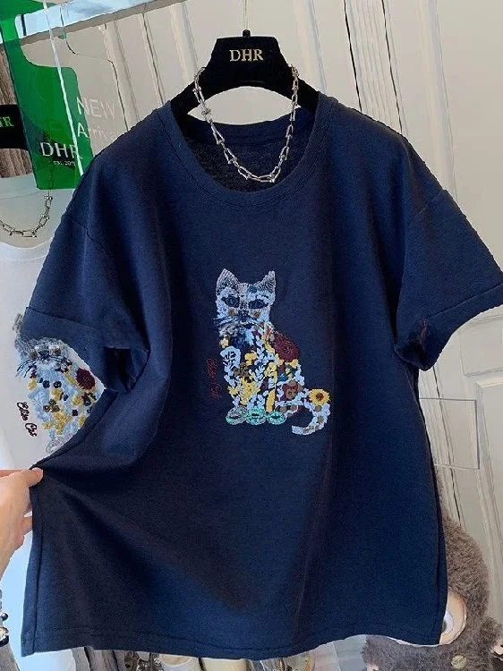 

plus Size Women's Short Sleeve T-Shirt Embroidered Design Loose Fit Summer Sweet Style Top Breathable Cotton Casual Wear