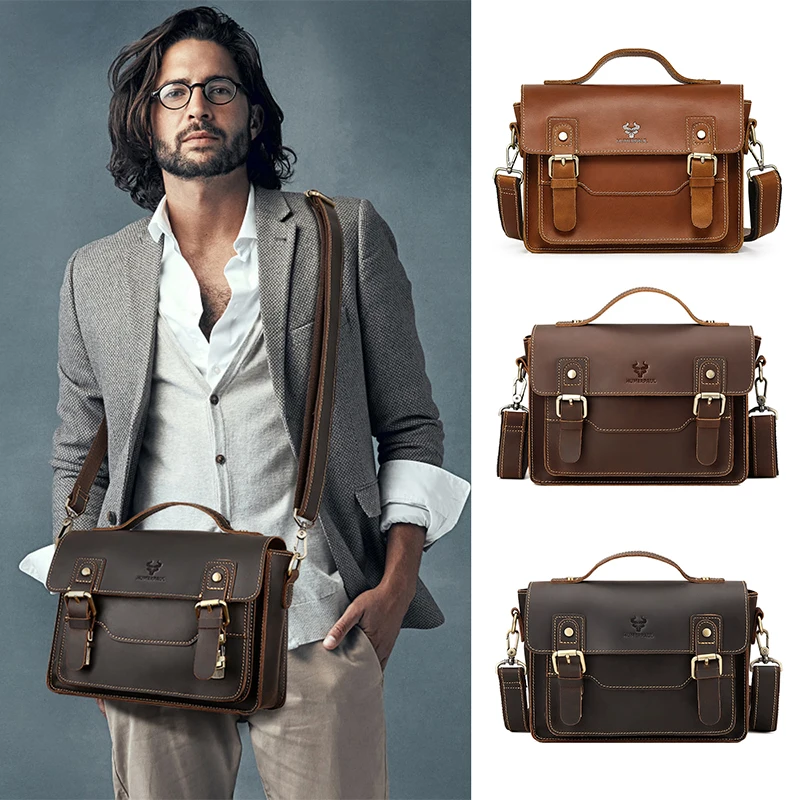 

Men'S Shoulder Bag Top Layer Genuine Leather Cowhide Vintage Briefcase Tote Handbag Messenger Crossbody Side Portable Square Bag