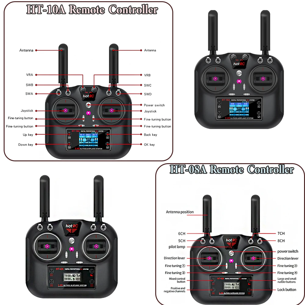 Hotrc HT-8A HT-10A 2.4G 8CH 10CH Transmitter & F-08A F-10A Receiver Radio System for RC Model Drone Car Boat Parts