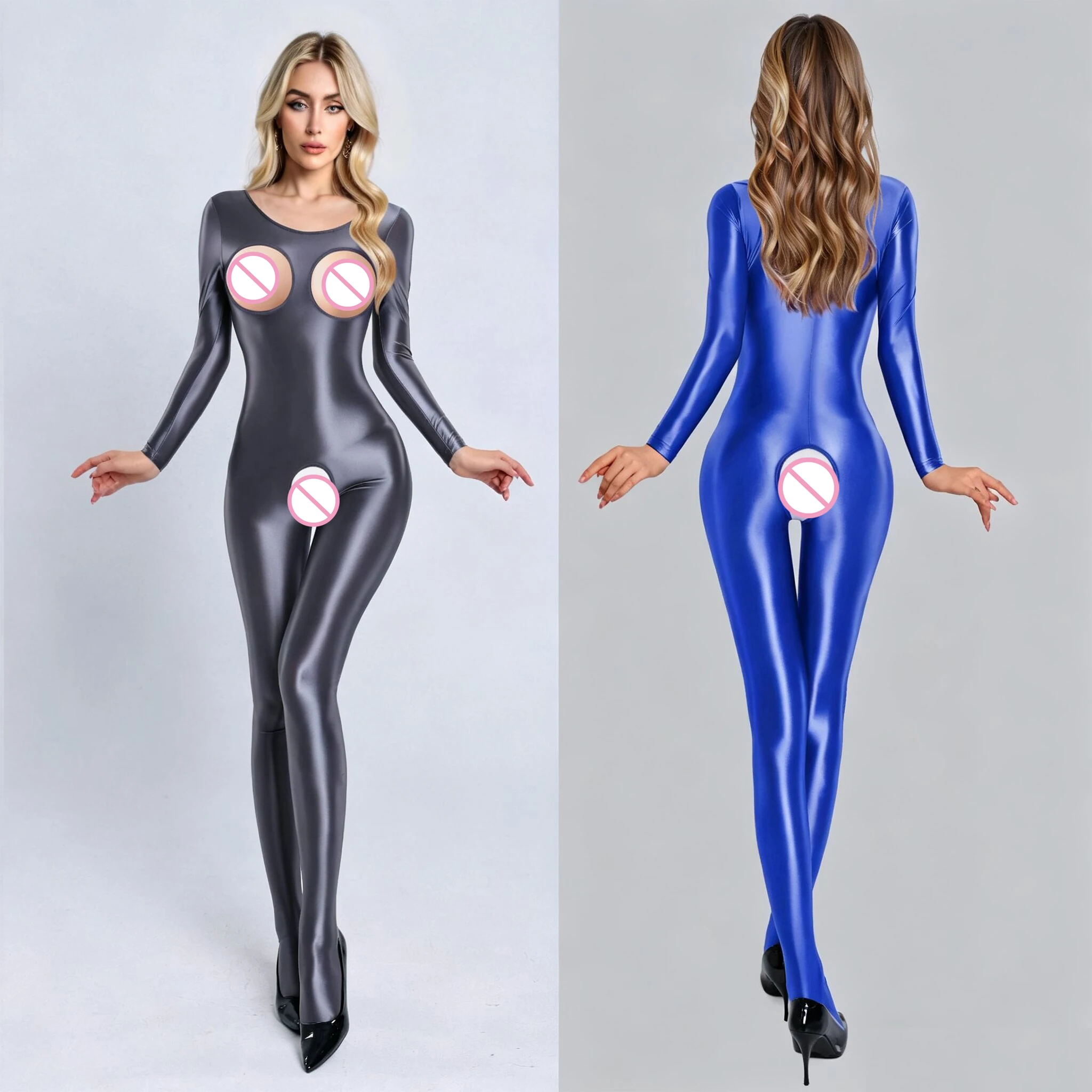 Women Shiny Long Sleeve Catsuit Open Chest Cup Open Crotch Full Body Zentai Bodysuit Stretch Jumpsuit Nightclub Cosplay Costume
