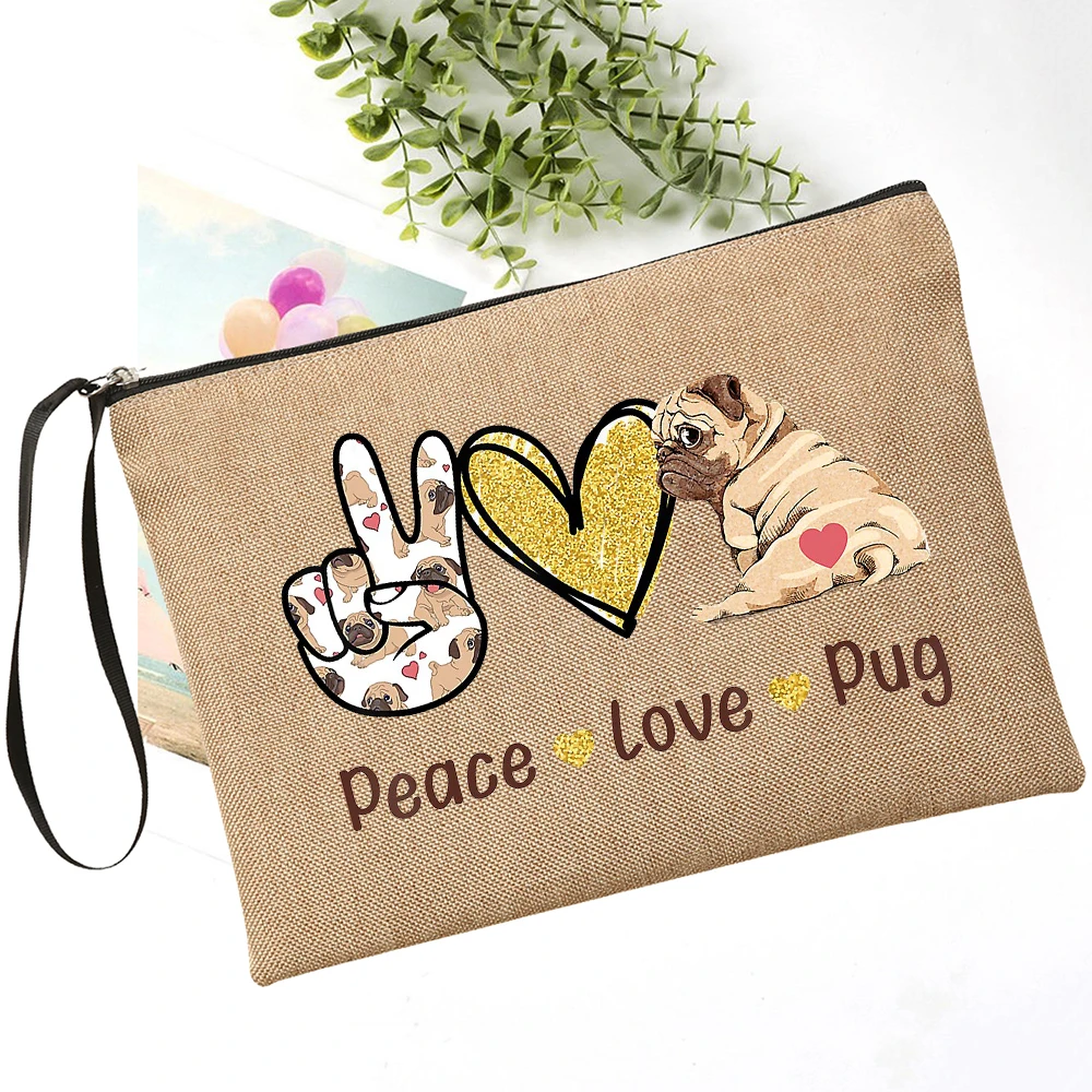 Cute Peace Love Dogs Funny Dogs Paws Makeup Bag Corgi bulldog schnauger Lovers Makeup Cosmetic Bag Toiletry Bag Zipper Pouch