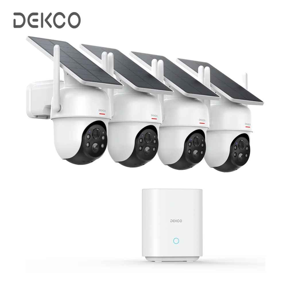 

Dekco 3MP Wireless Solar Camera System 4-Cam Kit Outdoor 360° PTZ Surveillance Wifi Camera Set Include DekcoBase Support Alex