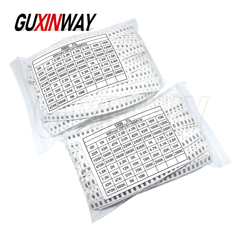 1500pcs 0603 0805 1206 SMD Resistor Assorted Kit 1R - 10M ohm 1% 60valuesX 25pcs Sample Bag