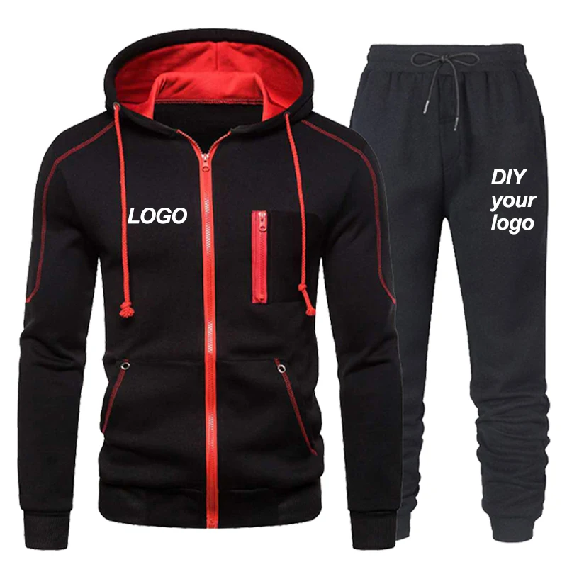 DIY customizes your logo men's sportswear zipper hooded sweatshirt sweatshirt sweatpants casual fitness jogging two-piece set