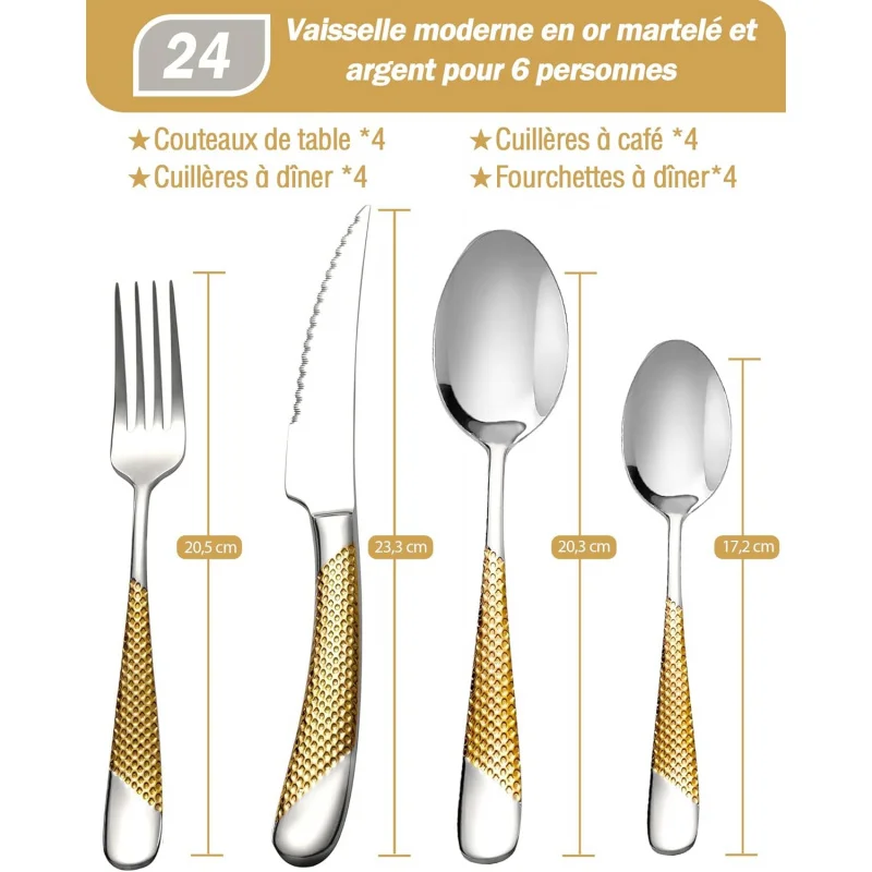 Modern Cutlery Set 24 Pieces, Gold Silver Hammered 2-in-1 Ultra-Sharp Serrated Knives, 18/10 Stainless Steel Service Set for 6 P