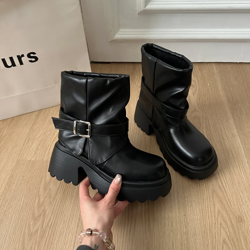 パンクスタイルの女性モダンショートブーツファッションプラットフォーム高さの増加アンクルブーツ秋冬靴-zapatos-デ-mujer