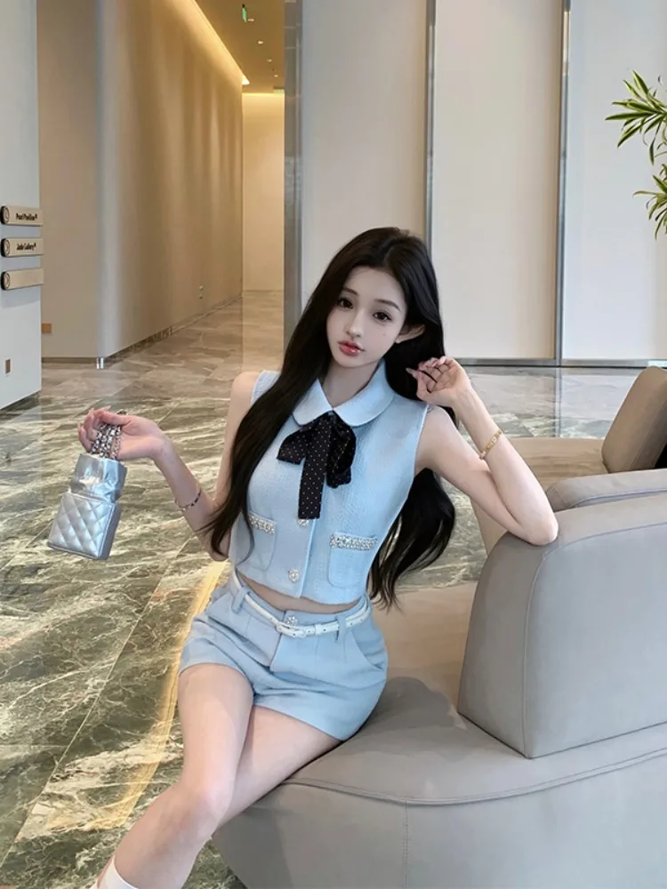 

High Waist Straight Leg ort Pants Vest Two Piece Set Women's Faion Summer New Arrival Collar Knitted Outfit