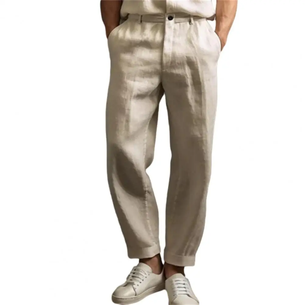 Men Pants Mid-rise Button Zipper Closure Casual Trousers with Pockets Pure Color Loose Fit Lightweight Breathable Pants