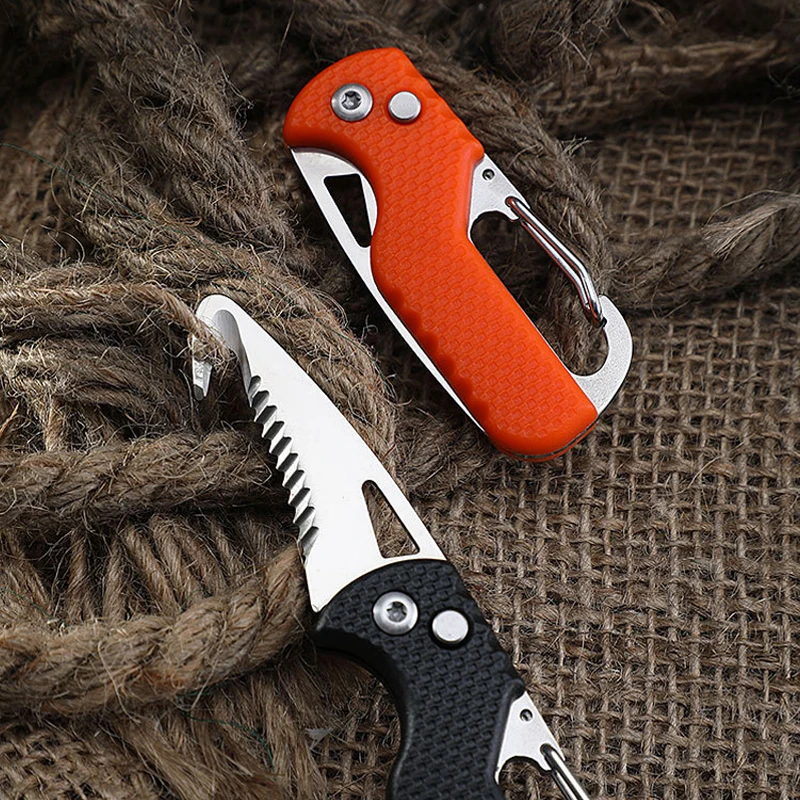 1pc Black/Orange Portable Multi-functional Parcel Knife Keychain Serrated Hook Carry-on Unpacking Emergency Survival Box Opener