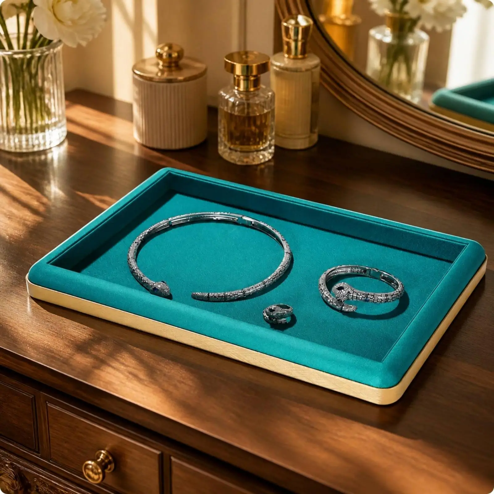 Lightweight Jewelry Display Tray with Raised Border for Showcase Counter Ring Bracelet Necklace Storage and Presentation