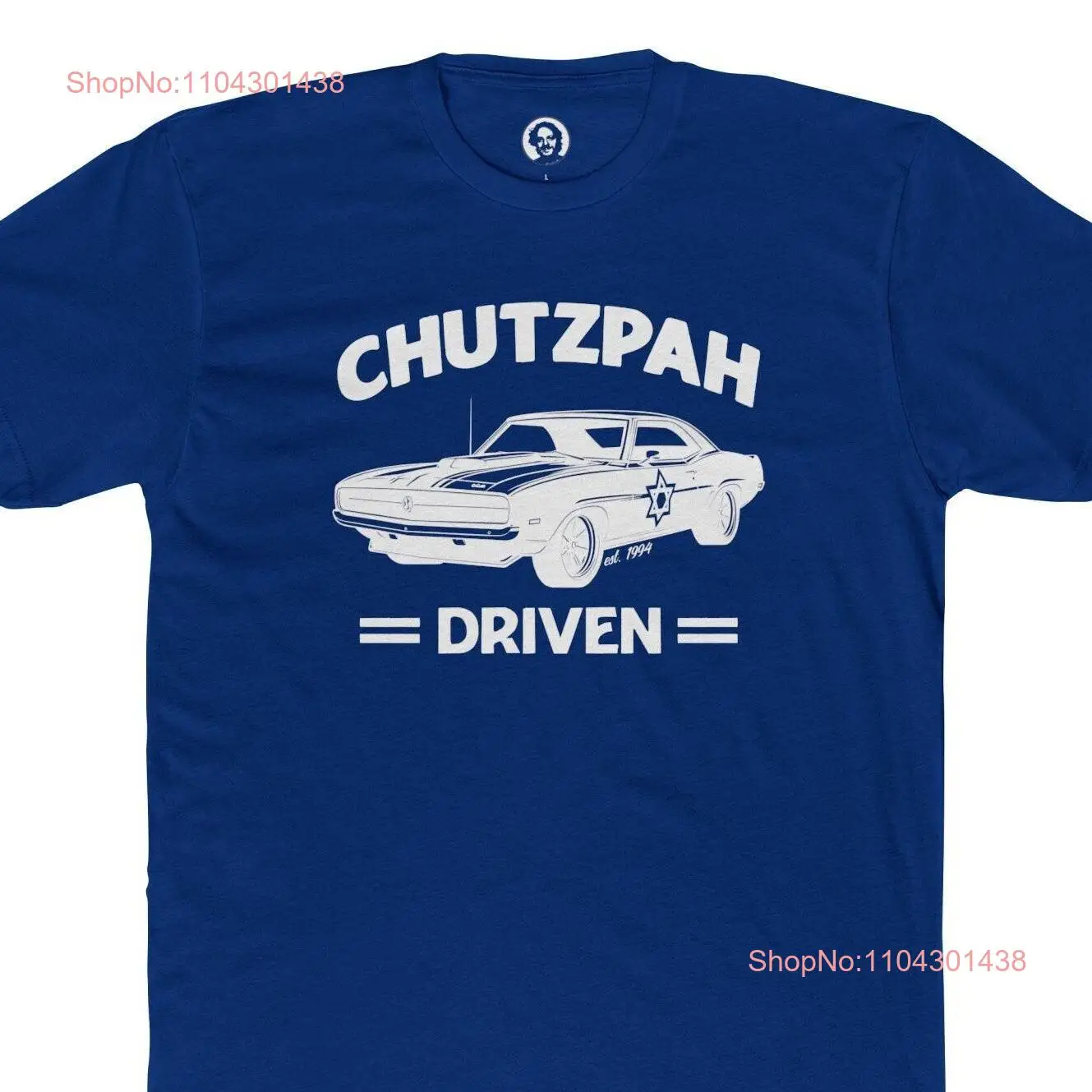 Chutzpah Driven T Shirt Vintage Muscle Car Design with a Jewish Twist Cotton Crew Hebrew Hanukkah Blue