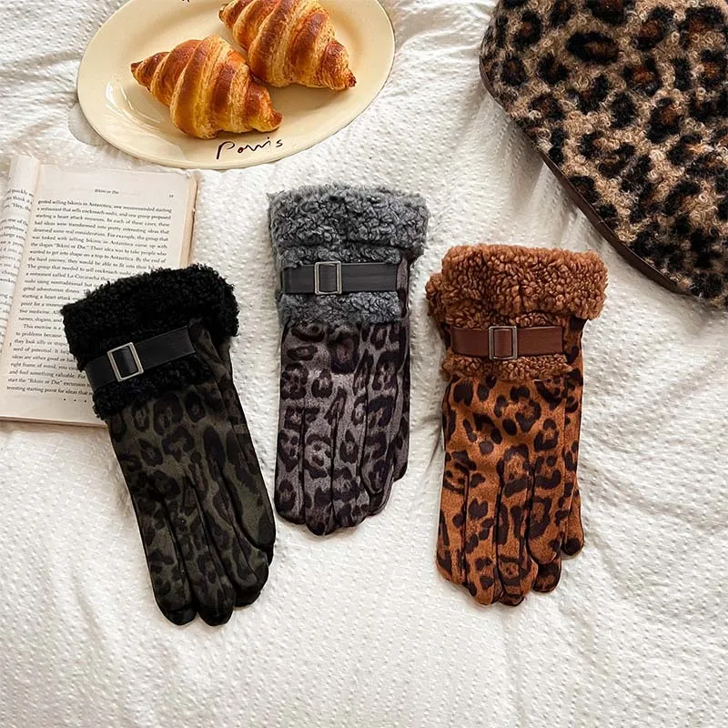 New Arctic Velvet Leopard Print Gloves for Autumn and Winter, Warm and Cold Resistant, High-end Outdoor Women's Finger Gloves