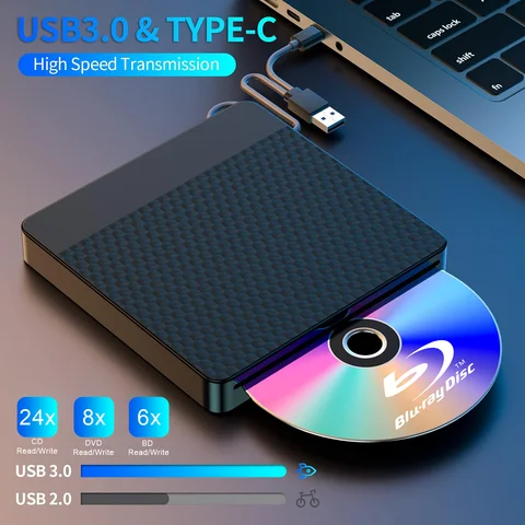 External Blu Ray Drive for Laptop USB3.0&Type C Slot-in BD Burner Portable 3D BD-RE Drive BD DVD CD Recorder Player Writer