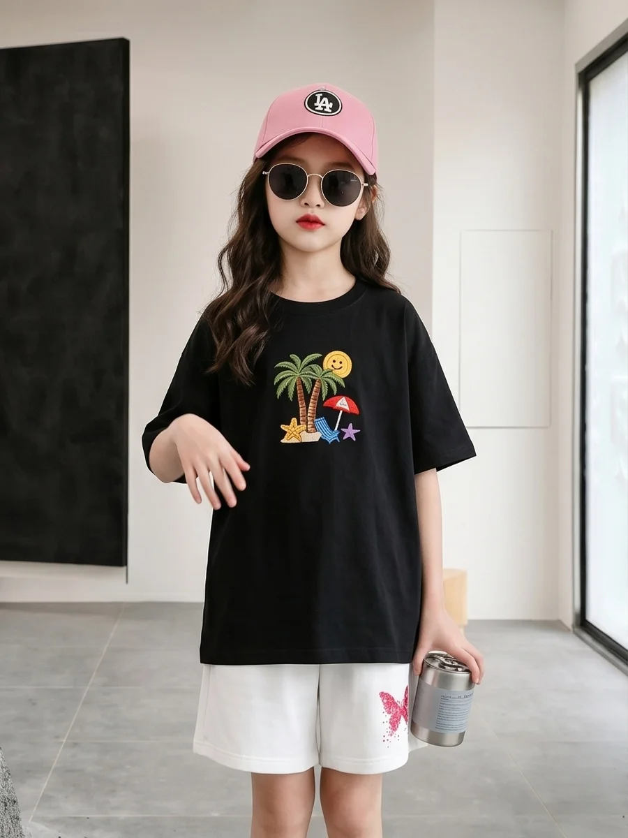 

Girls Cotton Set Summer Embroidery Look Print T-Shirt & Shorts 2Pcs Kids Casual Outfits Coconut Tree Cartoon Clothes FYZ1