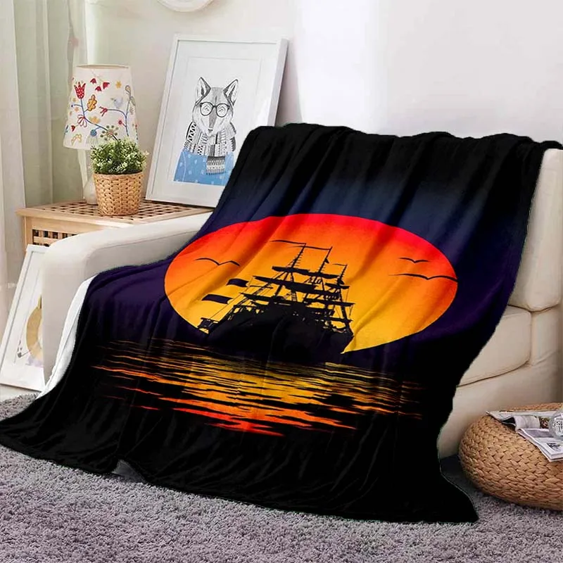Vintage Ghost Pirate Vessel Sea Art Print Flannel Blanket Ultra Soft Warm Throw For Bedroom Sofa Living Room Indoor Home Gift