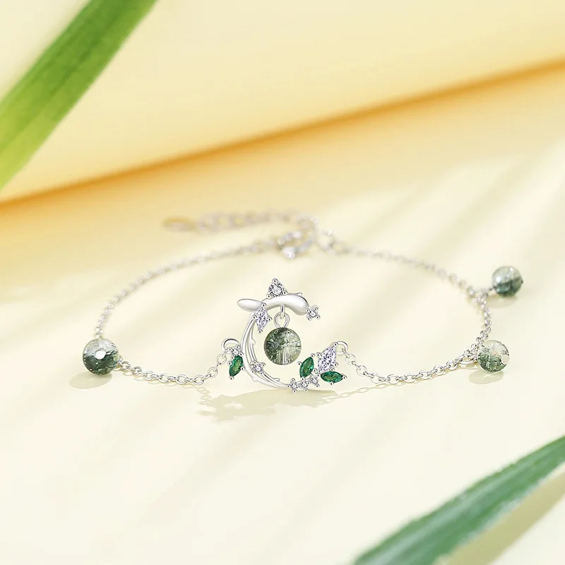 European Sparkling S925 Sterling silver Green AAA CZ Branch Jewelry Set Necklace Earrings Bracelet For Women Birthday Gift