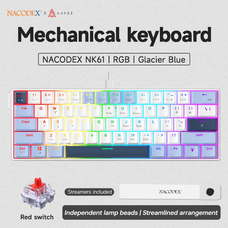 AJAZZ NK61 Bedraad Gaming Mechanisch Toetsenbord 60% RGB Hot-Swappable 61 Toetsen Rode Schakelaar Mini Toetsenbord voor Gamer PC