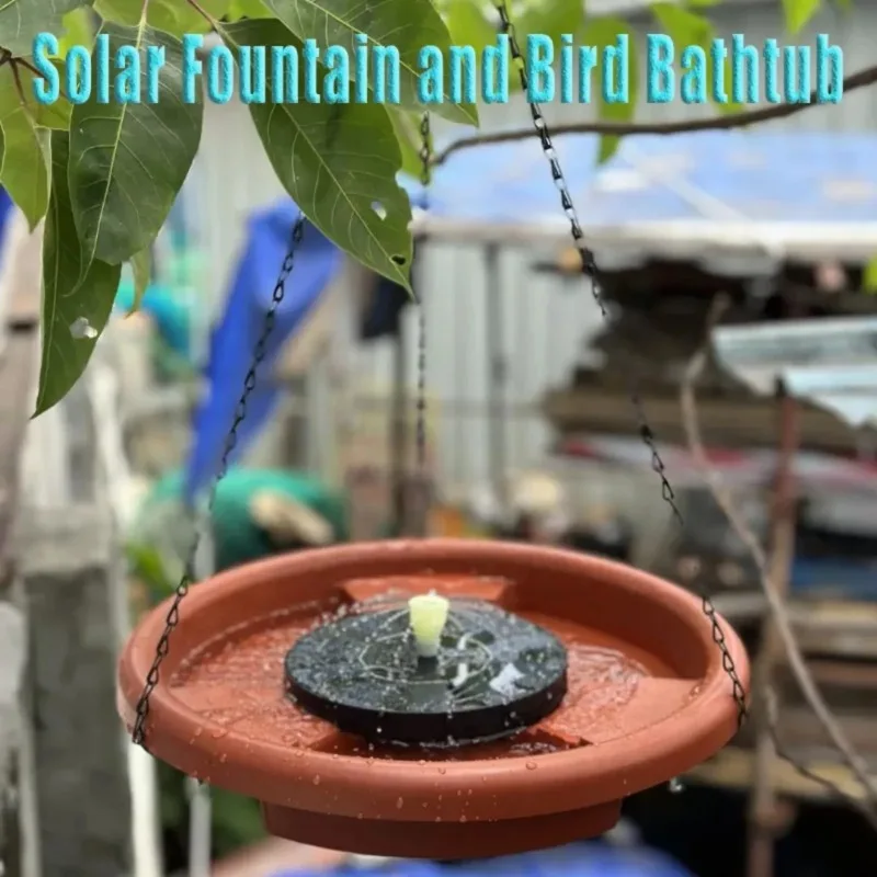 Solar Powered Bird Bathtub Fountain Hanging Bird Feeder Garden with Hook Chain Outdoor Drinking Water Bird Feeder Tray Platform