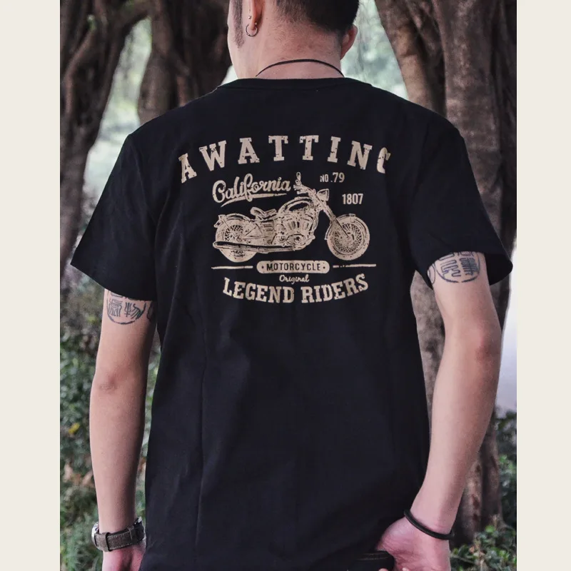 Three-needle heavyweight T-shirt men's American retro cashew flower pocket motorcycle print trendy short-sleeved summer