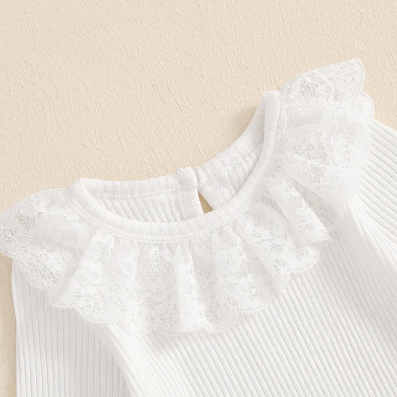 Baby Girl Christmas Outfit Solid Color Lace Trim Long Sleeve Ribbed Romper Santa Claus Embroidery Suspender Skirt 2 Piece Set image 4