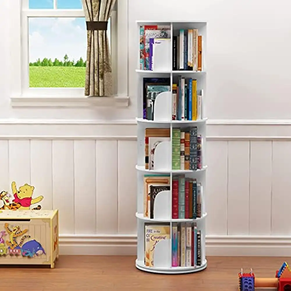 Rotating Bookshelf Organizer, 5 Camada, Armazenamento Empilhável, Solução Espacial, Quarto, Sala de Estudo, Fácil Montagem, Madeira Branca, Plástico