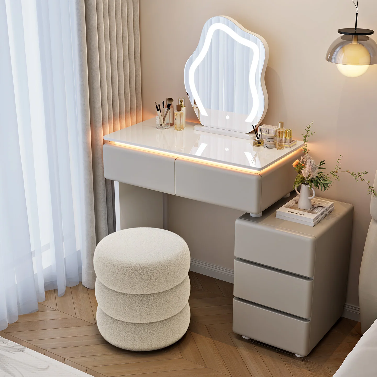 Solid wood dresser with lamp, bedroom modern simple small cream style cosmetic table, bedside storage cabinet integrated white