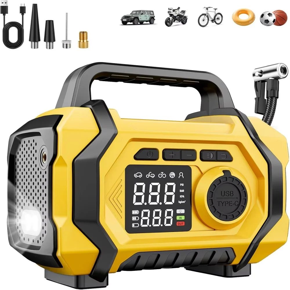 Compresor de Aire Portátil de 12V con Manómetro Digital, Pantalla LCD, Apagado Automático, Luz LED, Bomba de Aire Eléctrica para Coche, Motocicleta, Bicicleta, Balón, Inflado de Neumáticos de Emergencia