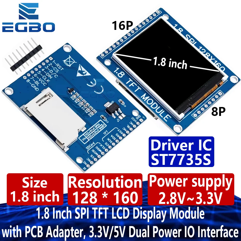 1.8 Inch SPI TFT LCD Display Module 128x160 with PCB Adapter, 3.3V/5V Dual Power IO Interface for Arduino