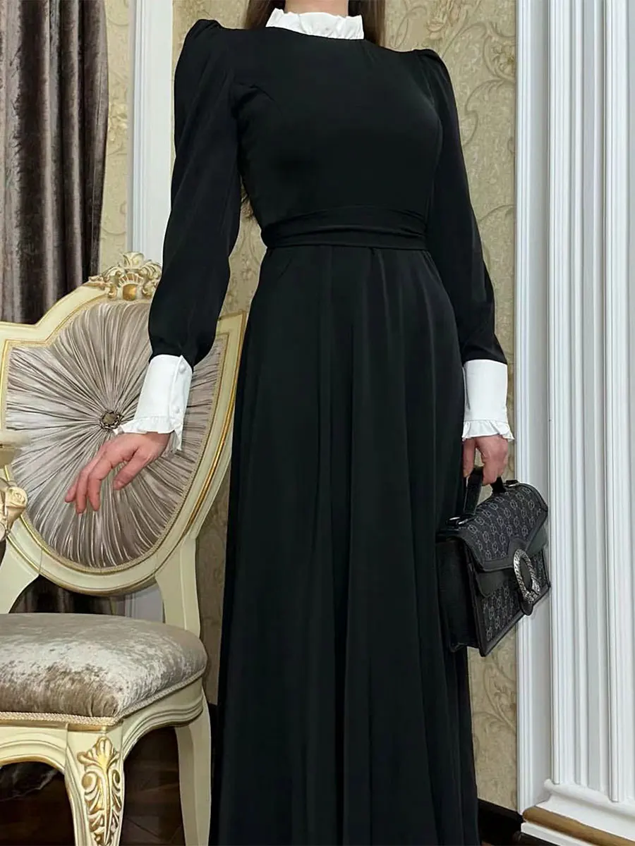 Fashion Dress Fungus Collar Puff Sleeve With Belt For Muslim Woman Dubai Moroccan Saudi Urban Casual Abayas Robe Clothing 2024