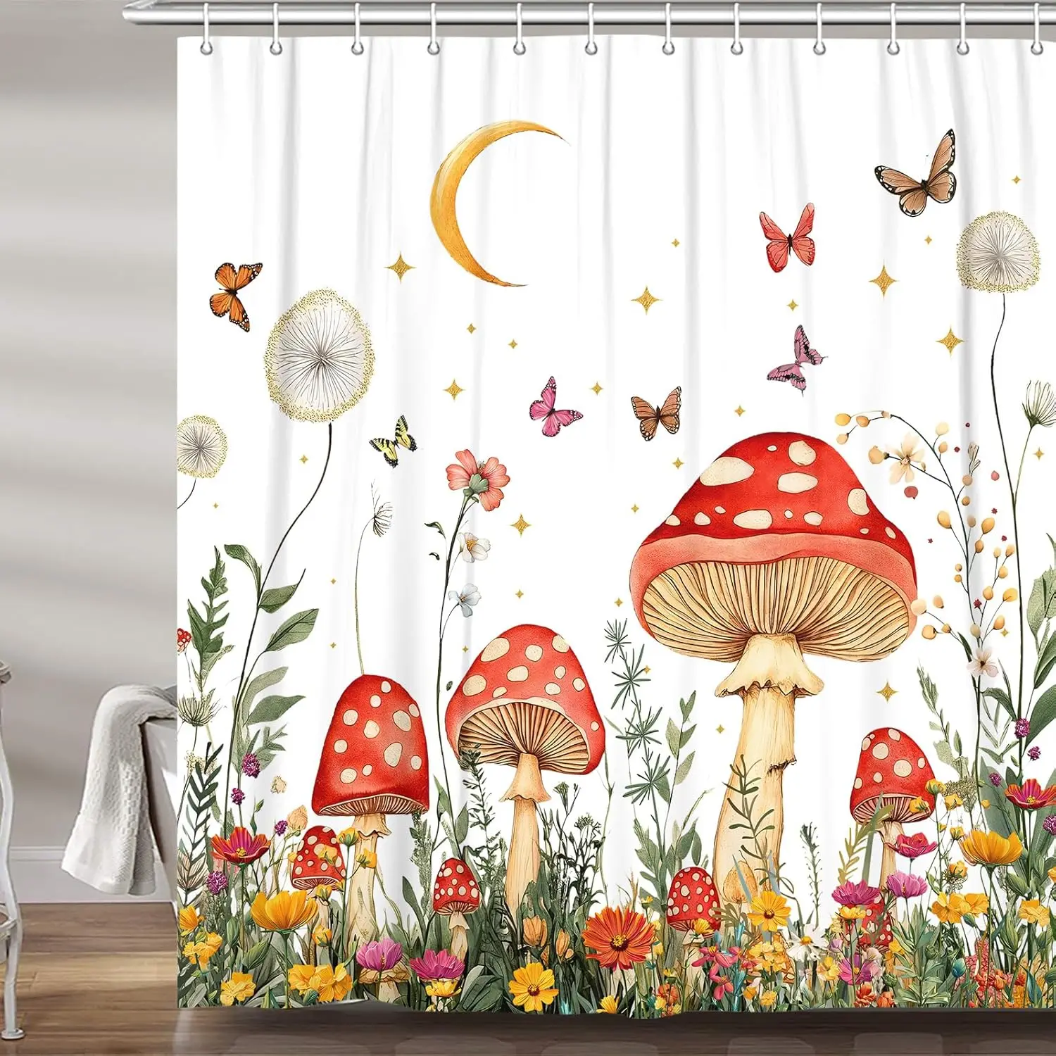 

Red Mushroom and Butterfly Garden Pattern Waterproof Shower Curtain 180x200cm Fantasy Nature Print Bath Curtain Kids Room Decor