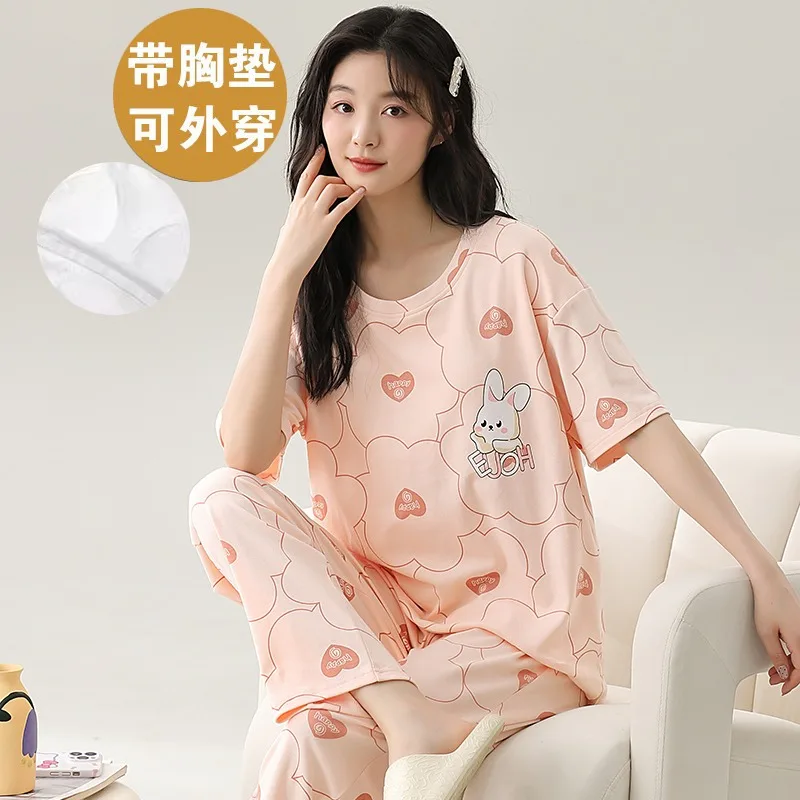 Women\'s Pajamas Set with Bra Pad For Summer Short Sleeve Long Pant Pyjama Loungewear Set Sleepwear Pijama Home Clothing 2024 New