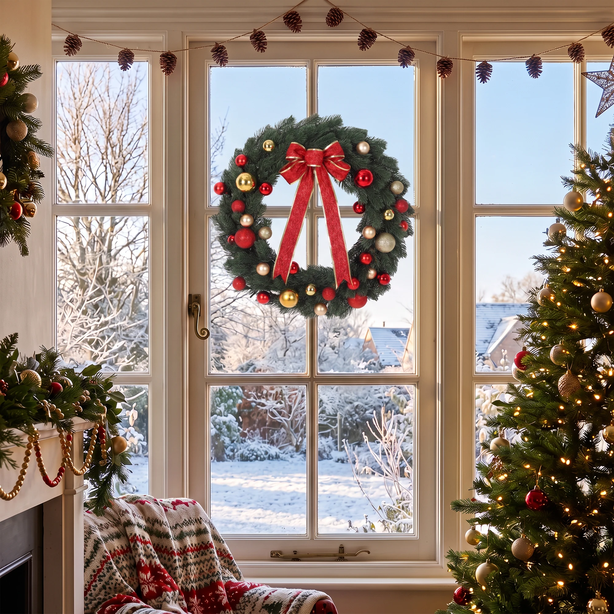45/55/60cm Christmas Decoration Golden Wreath With Lamp For Front Door Red Ball Flower Garland Xmas Ornament Window Wall Hanging Decor