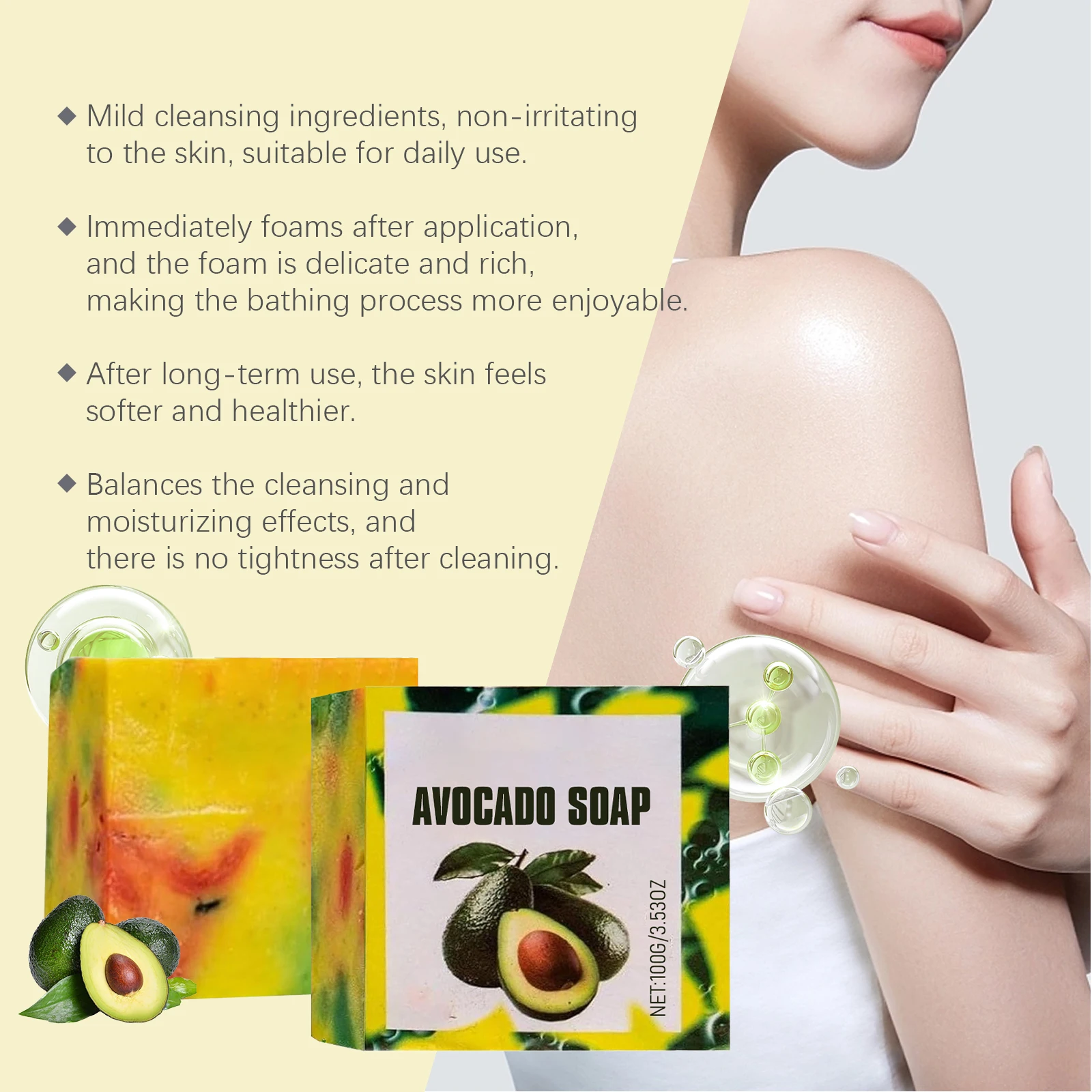 Sabonete de banho de abacate, controle de óleo, limpeza profunda, hidratante, nutrição suave para remover óleo sentado profundo, adequado para pele oleosa