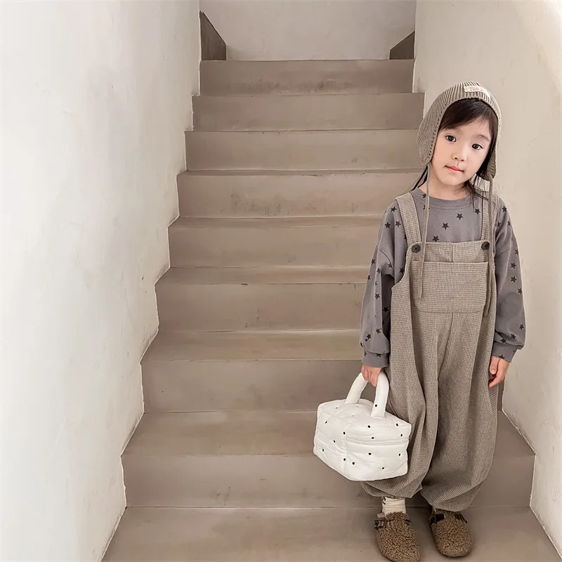 2024 Autumn Costume Children Waffle Overalls Boy Infant Sleeveless Loose Suspenders Jumpsuit Girl Baby Solid Cotton Casual Pants