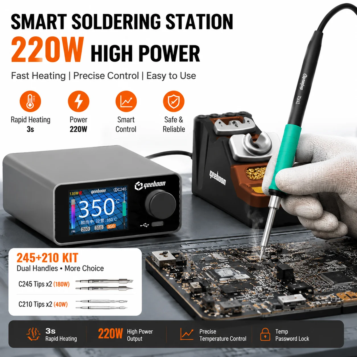 GEEBOON TC22 220W Soldering Station Temperature Control Compatible C210/C245 Tips Welding Rework for Electronics Repair