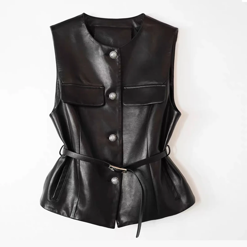 

Leather Vest Women Female Vintage Round Neck Waist Slim Waistcoat Mujer Chic Back Zipper Belt Sleeveless Gilet Donna