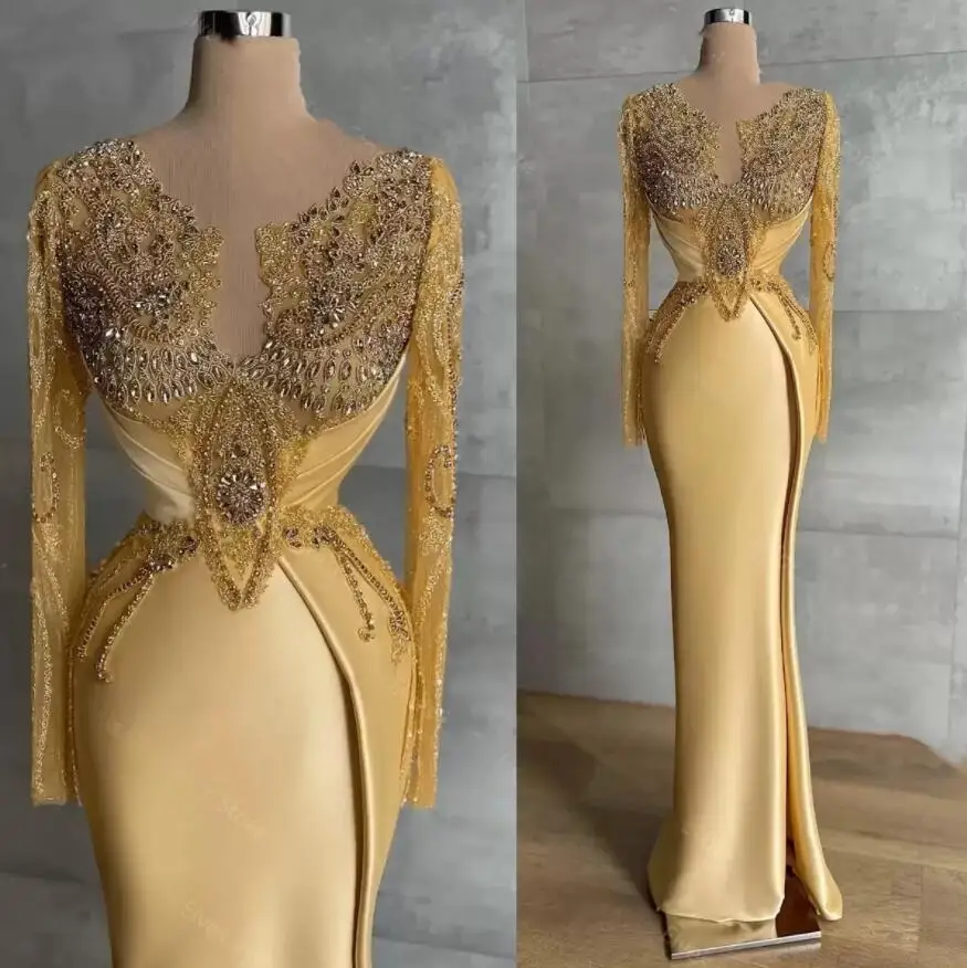 Vintage Evening Dresses Appliques High Split Prom Gowns Custom Made Beaded Crystals Long Sleeeves Party Dresses