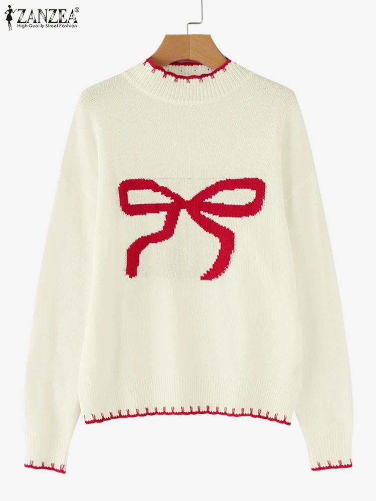 ZANZEA Damskie swetry z długim rękawem 2025 Jesień Stójka Codzienne swetry z nadrukiem kokardki Modne zimowe swetry oversize
