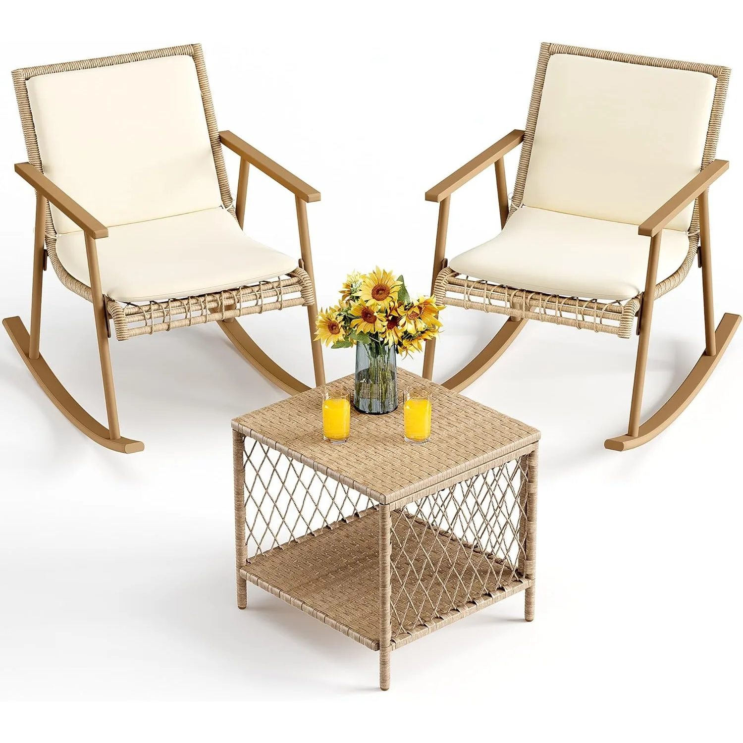 3 Pieces Patio Wicker Rocking Bistro Set, Oversize Outdoor Rattan Conversation Set with Soft Cushions & Square Side Table(Beige)