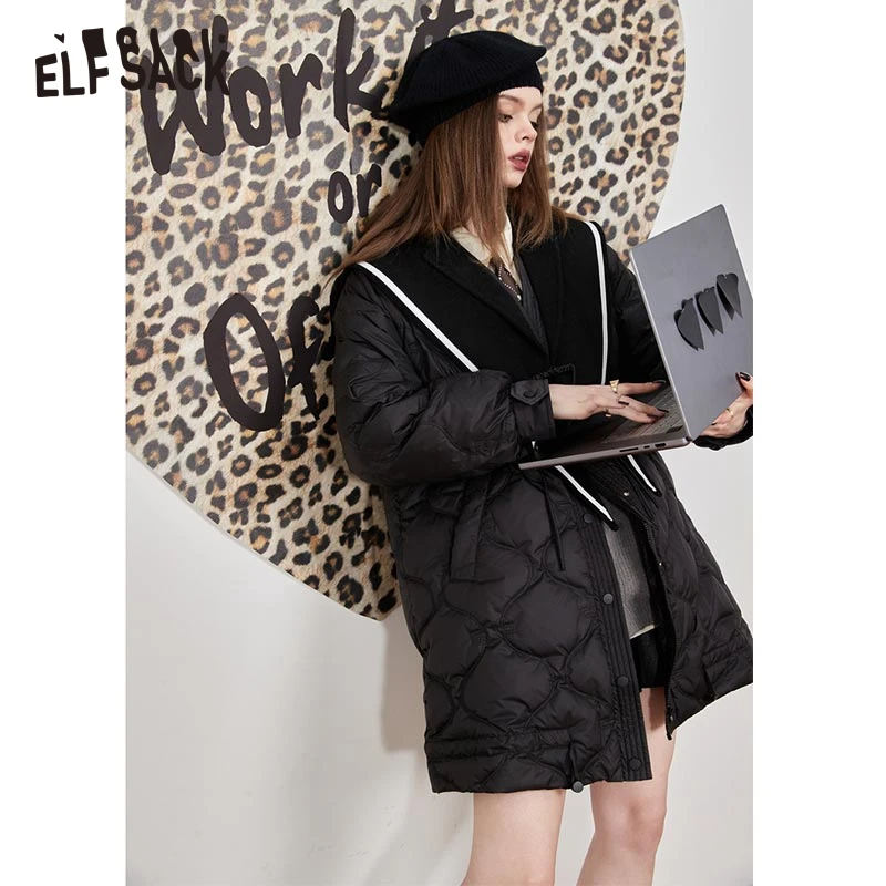 ELFSACK Black Detachable Wool Collar Down Coats Women 2022 Winter New Loose Warm Outwears