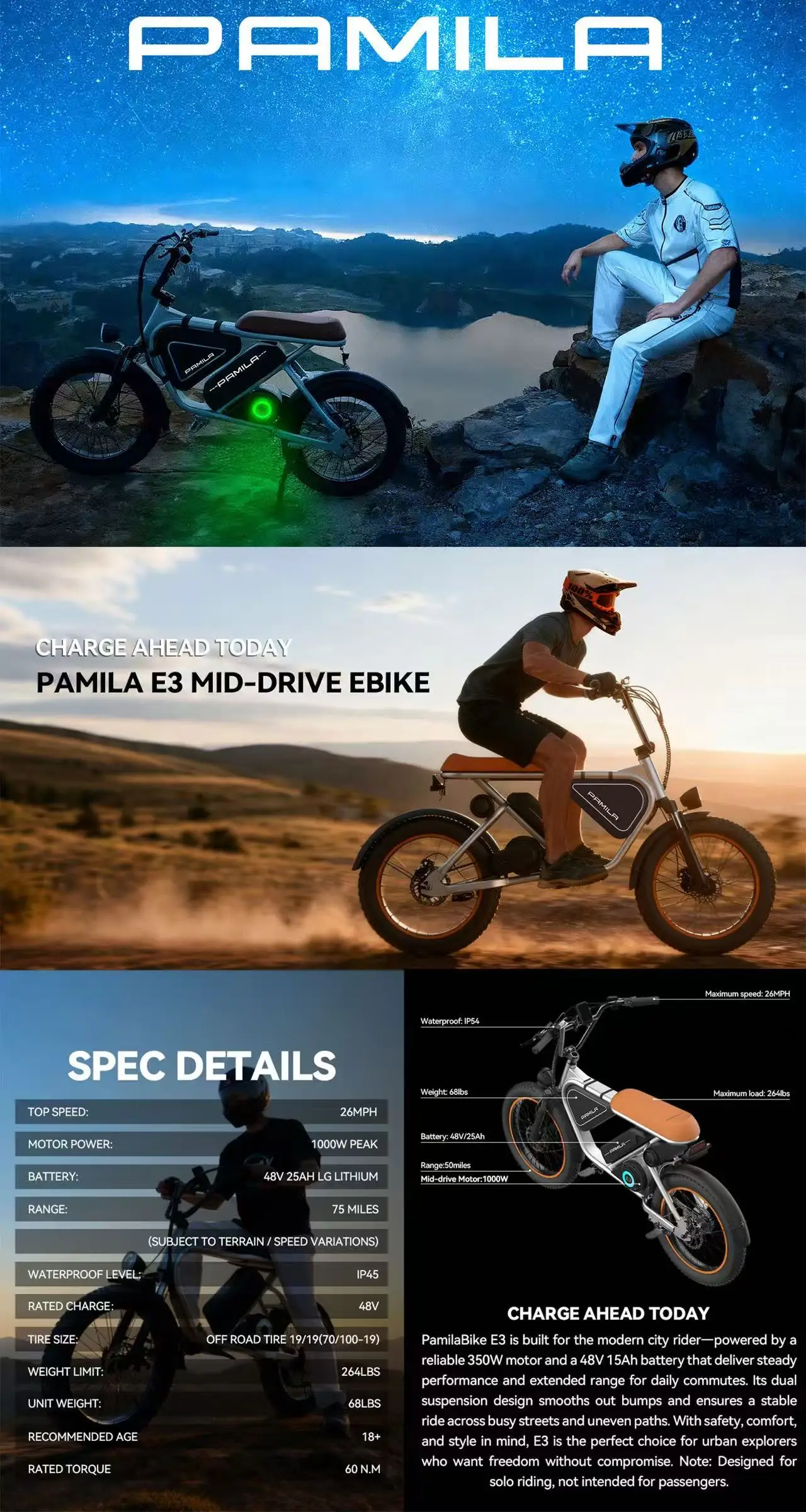 Rower elektryczny E3 dla dorosłych, 1000W, 42 km/h, bateria 48V 16Ah, zasięg maksymalny 80-160 km, opony typu fat tire 20*3', 3-biegowy motocykl elektryczny, rower terenowy.