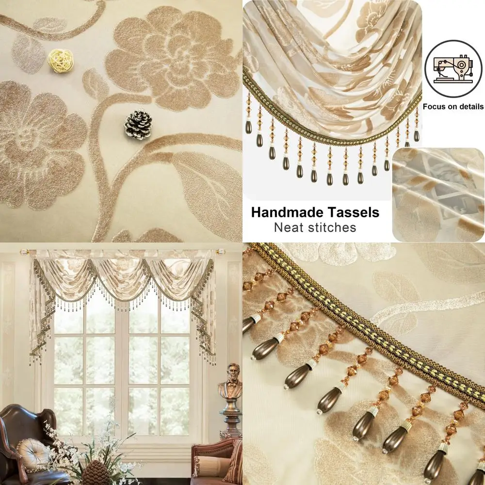 

Классическая оконная балдахин с рисунком пиона и светофильтрационной вуалью, акценты из бисера, ширина 79, для гостиной