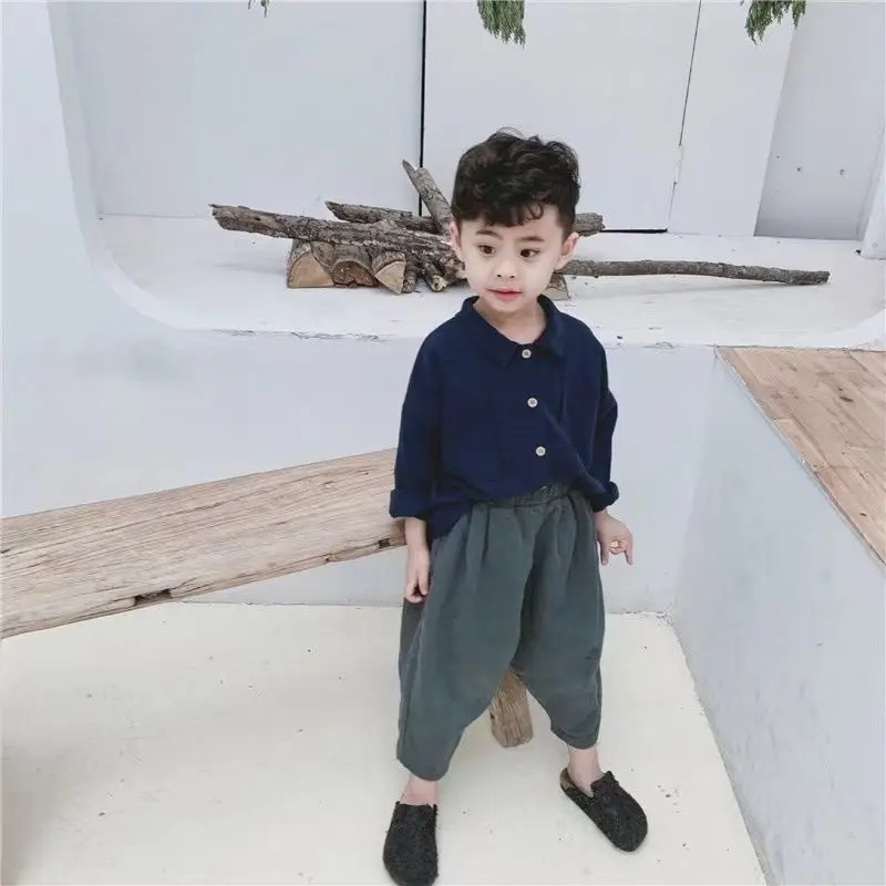 Spring and Autumn Boys\' Shirt Japanese Style Retro Long Sleeve Polo Collar Cotton Linen Shirt Children\'s Baby Top Outer Coat