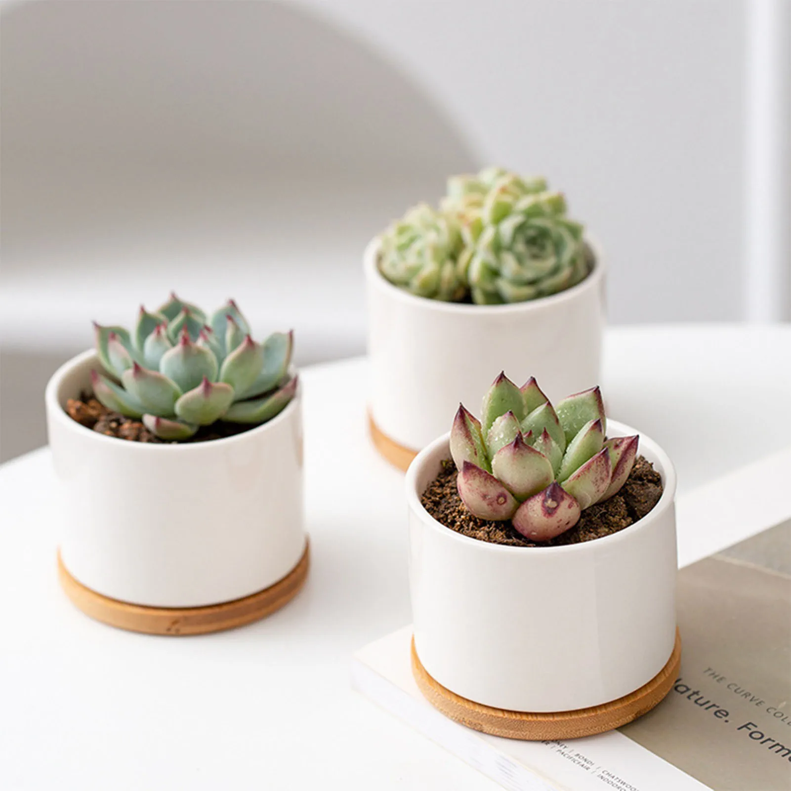 Ceramic Planter Pot with Bamboo Tray Succulent Plant Round Desktop Pot Small Bonsai Pots Green Planters Creative Flowerpots