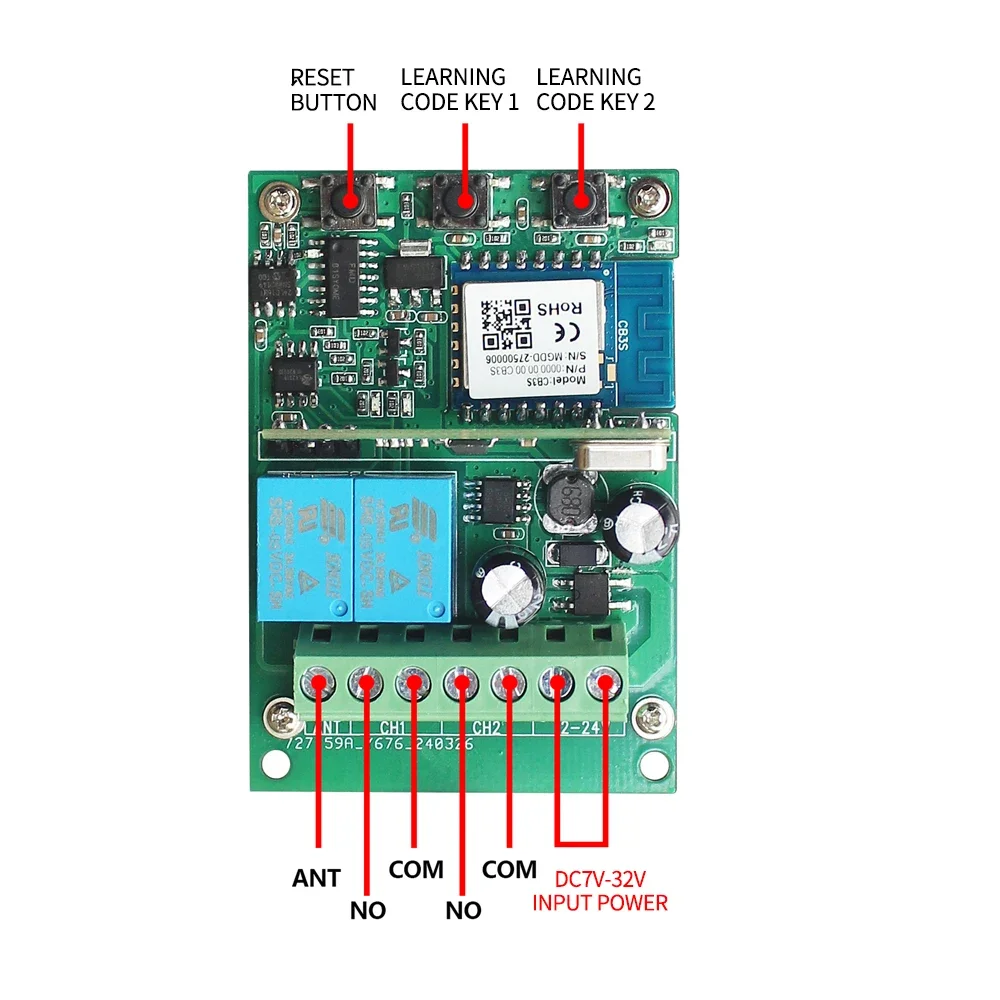 433.92MHz Universal Garage Door Remote Control Receiver  DC/AC 7V-32V/USB5V Compatible Most of Rolling Code Remotes