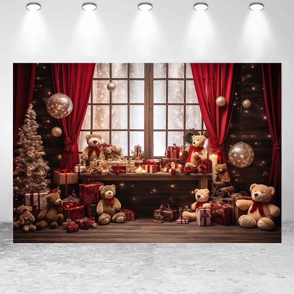 Mocsicka Christmas Background Red Curtains Window Bear Gifts Box Wooden Floor Baby Child Photography Backdrop Photo Studio Props