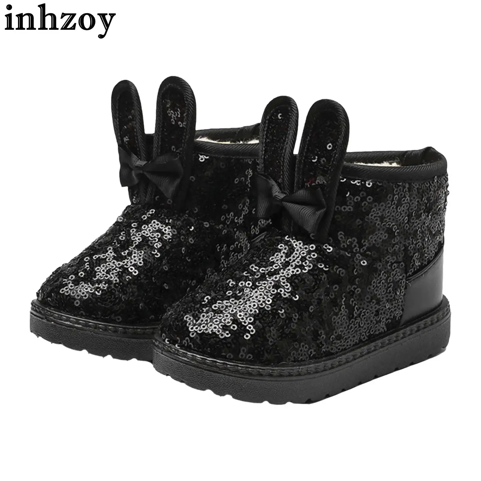 

Toddler Baby Girls Waterproof Outdoor Snow Boots Warm Fleece-Lined Rabbit Ears Bow Sequins Non-Slip Soles Shoes for Fall Winter