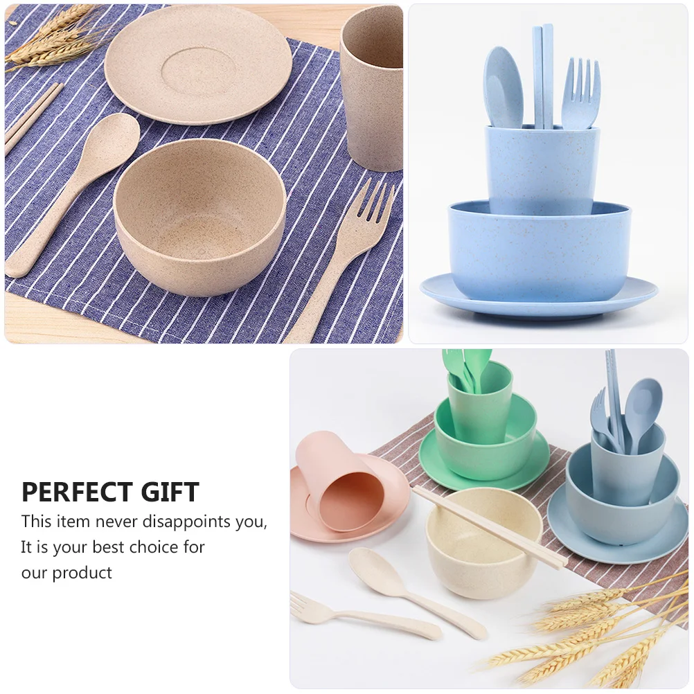 

12pcs Safe Dinnerware Portable Cutlery Set Wheat Plate Fiber Straw Child Plastic Lightweight Durable Camping Hiking Eco