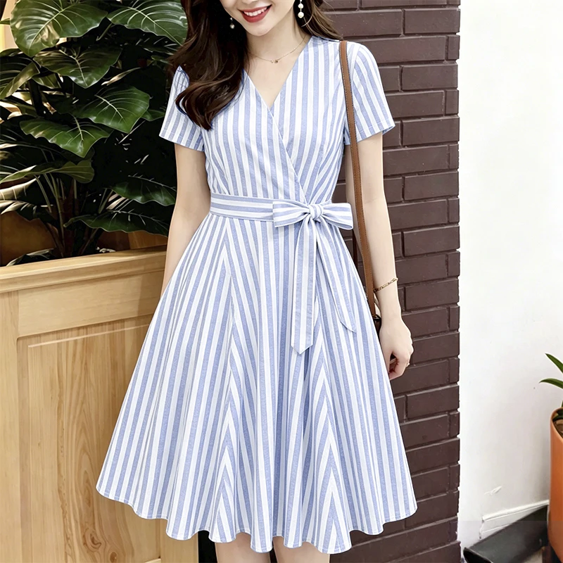 ZANZEA 2026 Sommer Gestreiftes Kleid Damen V-Ausschnitt Kurzarm Sommerkleid Elegantes Arbeits-Midikleid Stilvolles Schnür-Feriendress