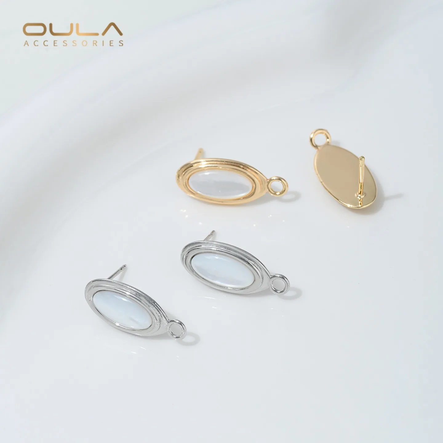 14K Genuine Gold French Oval Stud Earrings with Mother-of-pearl Pendant, Diy Handcrafted Pearl Earrings and Accessories Material